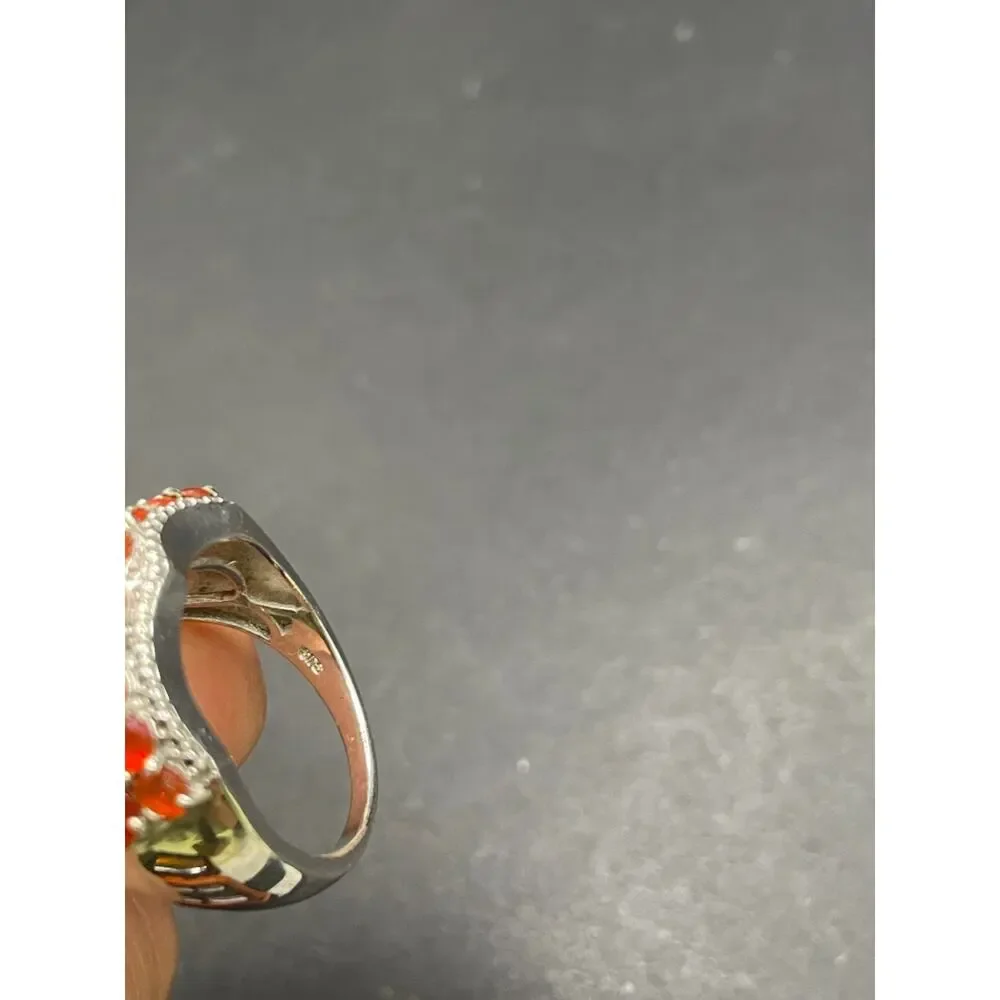 Vintage STS 925 Sterling Silver Fire Opal Dome Cluster Statement Ring Size 9.5